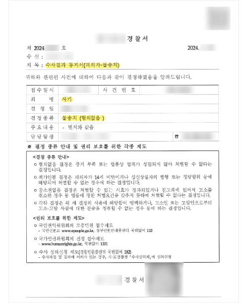 연인 사이에 빌린 돈, 사기 사건 피의자 불송치(혐의없음) 결정