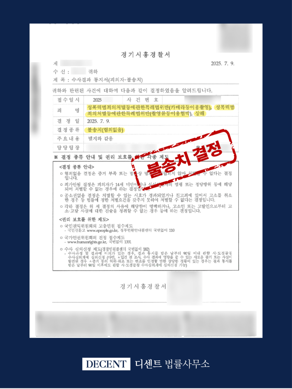 불법촬영·유포협박 고소, 성폭력범죄 혐의 불송치 결정 사례