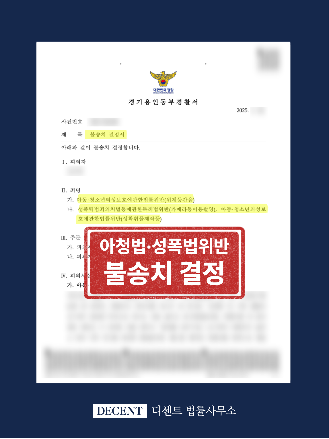 Charges Dropped — Violations of Korea's Child and Youth Protection Act and Special Act on Punishment of Sexual Violence Crimes