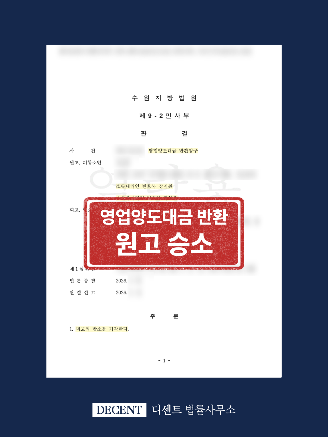 영업양수도 계약 해제 및 영업양도대금 반환 청구, 원고 승소