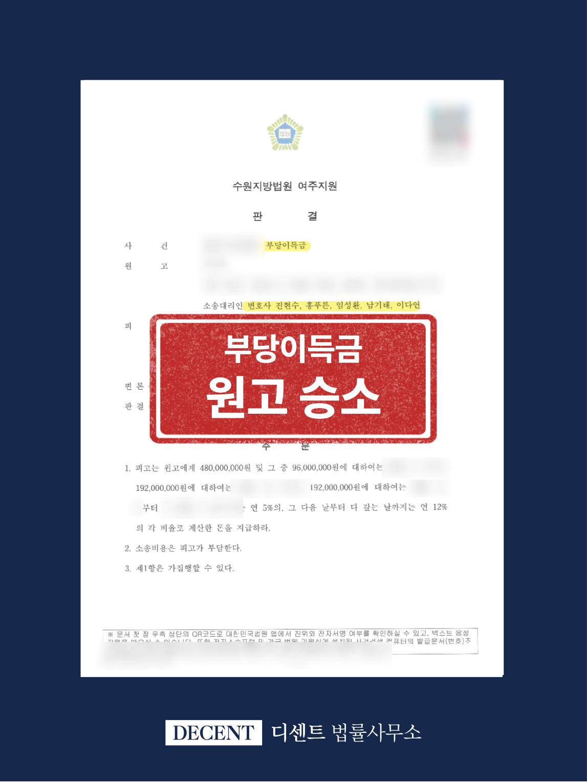 분양계약 해제 및 기지급 분양대금 4억 8천만 원 반환 청구 소송 원고 승소
