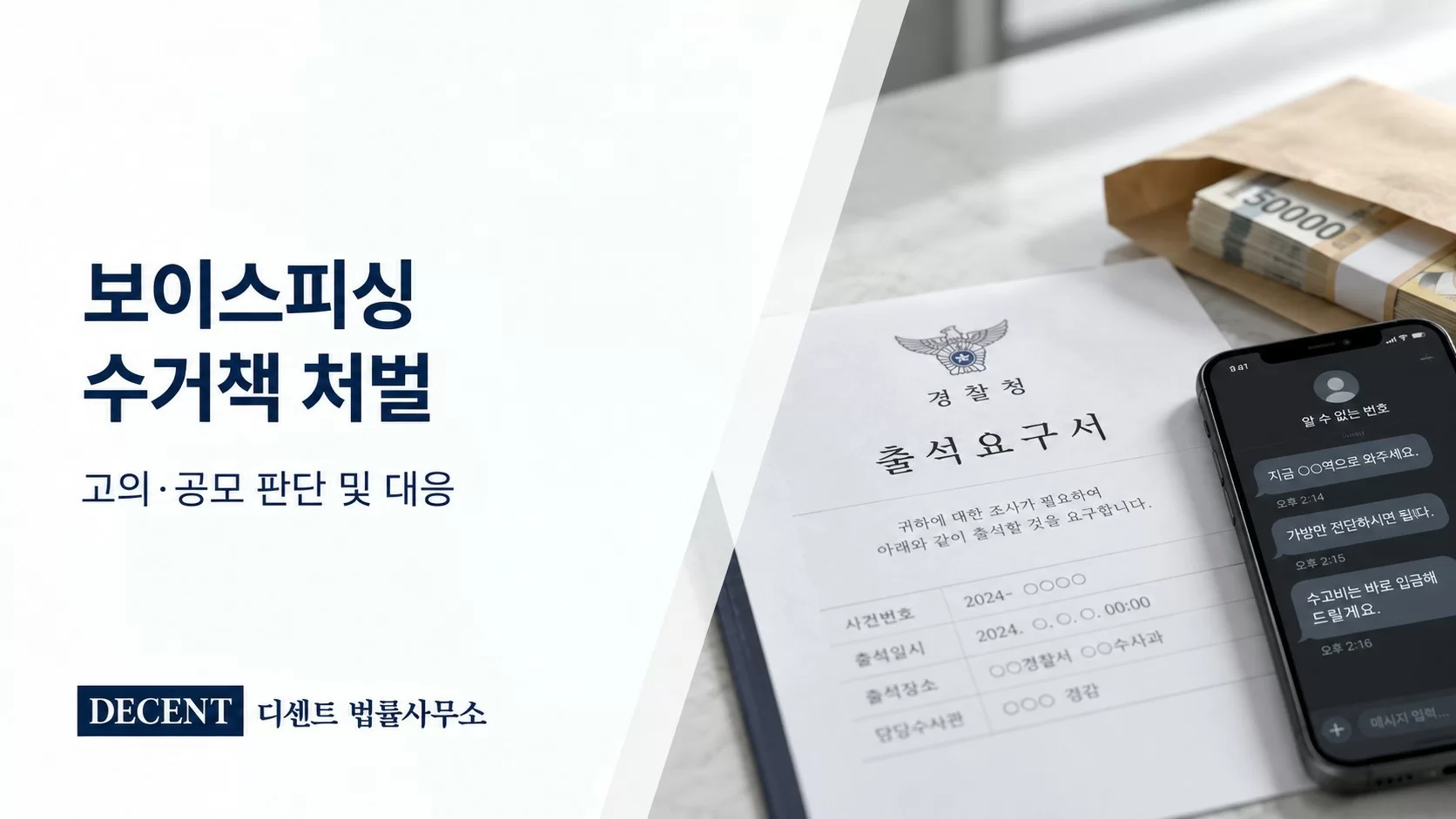 보이스피싱 수거책 처벌과 대응을 설명하는 법률칼럼 썸네일, 출석요구서와 메신저 지시 화면, 현금 봉투가 배치된 이미지