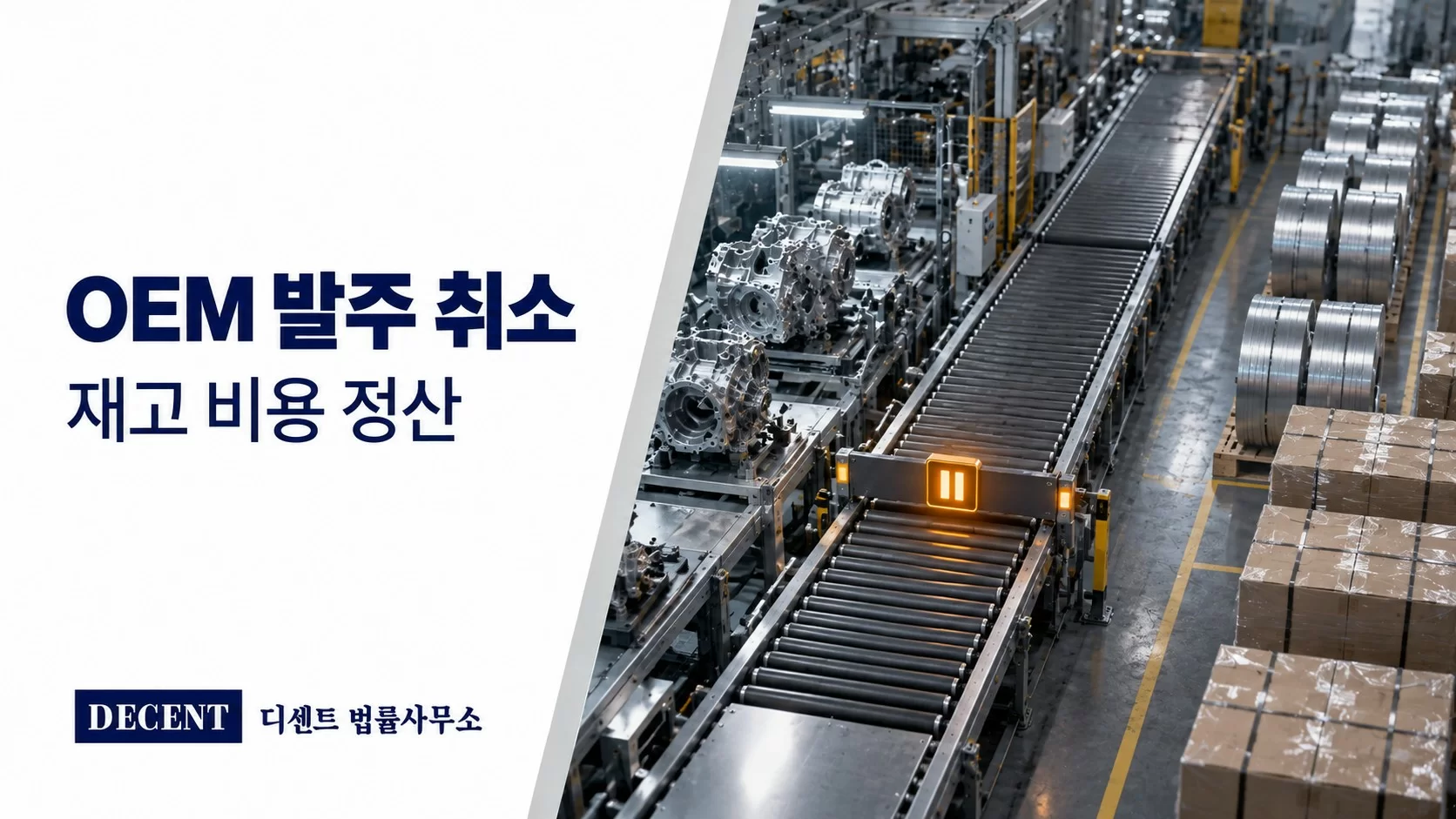 중단된 제조 컨베이어와 분리된 원자재 및 재고를 보여주는 공장 장면